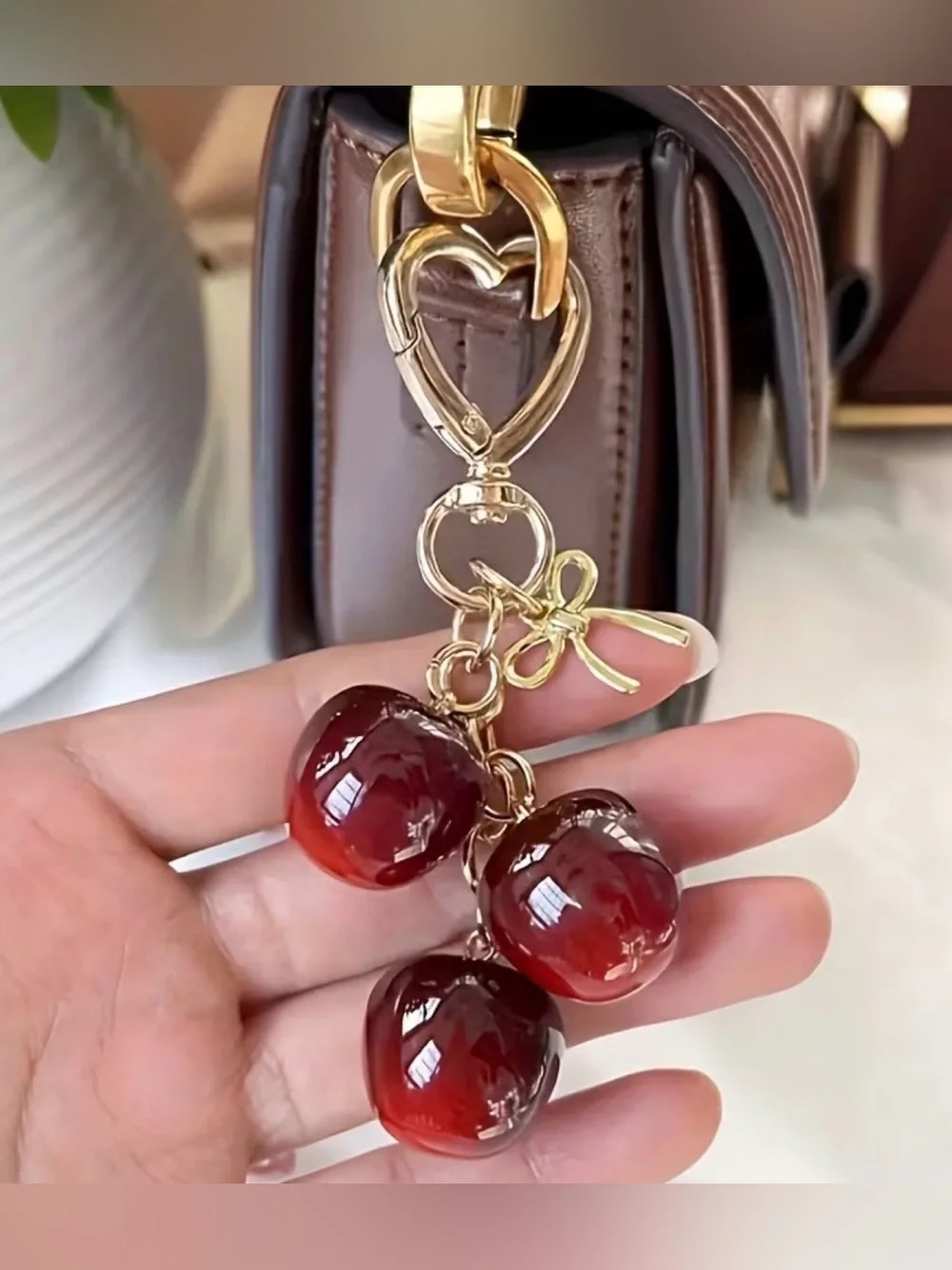 Glossy Cherries Charms bag Gold Tone Heart and Bow Charm Bag Keychain